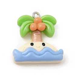 Дерево Непрозрачные подвески смолы, мультфильм прелести, с железной петлей платинового тона для ожерелья своими руками, васильковый, рисунок кокосового дерева, 23x22x7.5 мм, отверстие : 2 мм