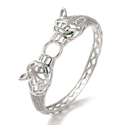 Платина Женский полый браслет из латуни с прозрачным и зеленым кубическим цирконием и леопардовым принтом, платина, внутренний диаметр: 2-1/4x2-3/8 дюйм (5.8x6 см)