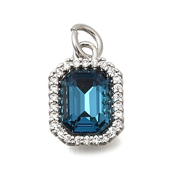 Стально-синий Латунь стекло кулоны, прямоугольный шарм, с кубическим цирконием и прыгающим кольцом, граненые, платина, стальной синий, 13.5x9x5 мм, отверстие : 3 мм
