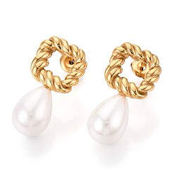 Настоящее золото 14K 304 серьги-гвоздики из нержавеющей стали с жемчугом, ионное покрытие (ip), квадрат со слезинкой, реальный 14 k позолоченный, 27x14 мм