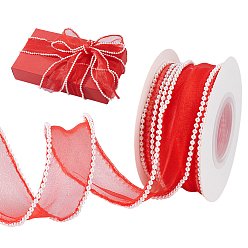 Красный 5 ярдов шифоновой жатой ленты, кружевной отделкой, со смолевыми бусинами, аксессуары для одежды, красные, 1-5/8 дюйм (40 мм), около 5.00 ярдов (4.57 м) / рулон