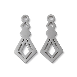 Stainless Steel Color Non-Tarnish 304 Stainless Steel Pendants, Laser Cut, Rhombus Charms, Stainless Steel Color, 18x8x1mm, Hole: 1.6mm
