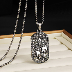 Близнецы 201 Овальные подвески из нержавеющей стали с выгравированными созвездиями для мужчин, античное серебро, Близнецы, 23.62~27.56 дюйм (60~70 см)