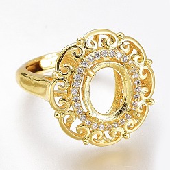 Golden Adjustable Brass Micro Pave Clear Cubic Zirconia Finger Ring Components, 4 Claw Prong Ring Settings, Long-Lasting Plated, Flower, Clear, Golden, US Size 6 3/4, Inner Diameter: 17.1mm, Tray: 10x8mm