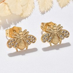 Bees Серьги-гвоздики из латунного микро-паве, долговечный, реальный 18 k позолоченный, Пчелы, 9.5x14 мм