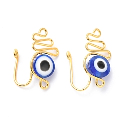 Golden Brass Nose Rings, with Evil Eye Resin Beads, Nose Cuff Non Piercing, Clip on Nose Ring for Women Men, Blue, Golden, 21x12x13mm, Hole: 1.5mm