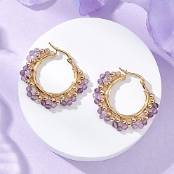 Аметист Серьги-кольца из латуни с натуральным аметистом, с фурнитурой для сережек из железа и 304 нержавеющей стали, золотые, 30x35x3 мм