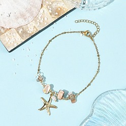 Golden Ocean 304 Stainless Steel Starfish Charm Anklets with Natural Freshwater Shell Beads for Women, Seashell Color, Golden, 8-7/8 inch(225mm)