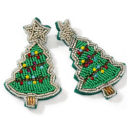 Зеленый Серьги-гвоздики ручной работы из стеклянных бусин в виде рождественской елки со звездой., с фурнитурой из нержавеющей стали и стразами., зелёные, 85x53 мм