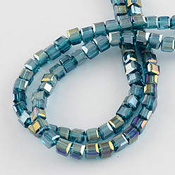 Dark Turquoise Electroplate Glass Beads Strands, AB Color Plated, Faceted, Cube, Dark Turquoise, 8x8x8mm, Hole: 1mm, about 72pcs/strand, 21.6 inch