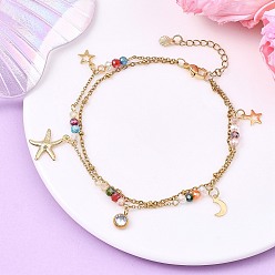 Разноцветный Браслеты на лодыжку для женщин: граненые рондели из гальванизированного стекла, нить из нержавеющей стали с подвеской в виде морской звезды., золотые, красочный, 2 дюйм (304 см)