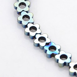 Зеленое Покрытие Гальванизировать немагнитных синтетический гематит бисер пряди, цветок / цветок сливы, зеленый покрытием, 6x6x2 мм, отверстие : 1 мм, внутренний диаметр: 2 мм, около 72 шт / нитка, 15.7 дюйм