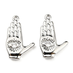 Платинированный Латунные микропаве прозрачные подвески с фианитом, без кадмия, без никеля и без свинца, ладонь с подвесками в виде глаз, Реальная платина, 21x13x3 мм, отверстие : 1 мм