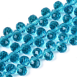 Deep-Sky-blau Transparente Glasperlen Stränge, oben gebohrte Perlen, Träne, facettiert, Deep-Sky-blau, 10x8x8 mm, Bohrung: 1~1.2 mm, ca. 88~92 Stk. / Strang, 20.67~22.64 Zoll (52.5~57.5 cm)