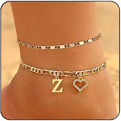 Letter Z Двухслойные браслеты для щиколотки с латунными кристаллами и стразами в форме сердца, золотые, Письмо Z, 7-7/8 дюйм (200 мм), 2 шт / комплект