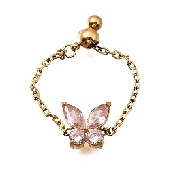 Бабочка 304 Регулируемые кольца цепи из нержавеющей стали с инкрустацией кубическим цирконием, золотые, бабочка, внутренний диаметр: 15~17 мм, Поверхность: 8.5x9 мм