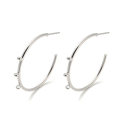 Platinum Brass Ring Stud Earrings Findings, Half Hoop Earring Findings, with Loops, Platinum, 31.5x34x1.6mm, Hole: 1.5mm, Pin: 10x0.7mm