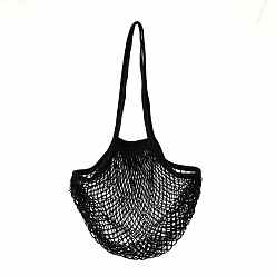 Black Portable Cotton Mesh Grocery Bags, Reusable Net Shopping Handbag, Black, 58.05cm, Bag: 35x38x1.8cm. 