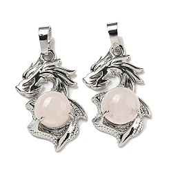 Розовый Кварц Природного розового кварца подвески, Подвески-драконы со стойкой, латунная фурнитура, платина, без кадмия и без свинца, 31x18x8~10 мм, отверстие : 5x8 мм