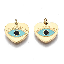 Pale Turquoise 316 Surgical Stainless Steel Enamel Charms, with Jump Rings, Real 14K Gold Plated, Heart with Evil Eye, Pale Turquoise, 9.5x10x1mm, Jump Ring: 2.7x0.4mm, 1.9mm inner diameter