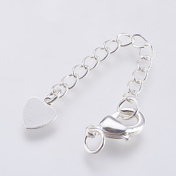 Серебро Латунный удлинитель цепи, с застежками из лобстера и подвеской в виде сердца, серебряные, 70.5x3 мм, отверстие : 3.5 мм, застежка : 10x7x3 mm