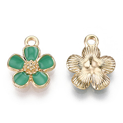 Зеленый Экологически чистые подвески из цинкового сплава, с эмалью, без кадмия, без никеля и без свинца, 5 - лепесток цветка, золотой свет, зелёные, 16x13x3 мм, отверстие : 1.8 мм