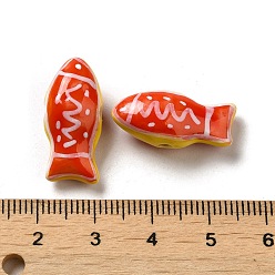 Orange Red Handmade Printed Porcelain Beads, Famille Rose Porcelain, Fish, Orange Red, 11x21.5~22x9mm, Hole: 1.5~1.8mm