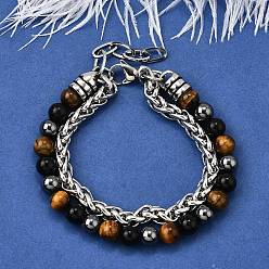 Смешанные камни Браслеты из нескольких нитей с круглыми бусинами из натурального тигрового глаза, обсидиана и гематита, браслеты из нержавеющей стали с кубинскими звеньями для мужчин и женщин, 8-5/8 дюйм (22 см) ~ 9 дюйм (22.8 см)