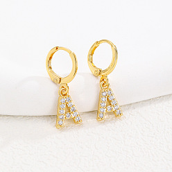 Letter A Латунные серьги-кольца из прозрачного кубического циркония, золотые, буква a, 25x8 мм