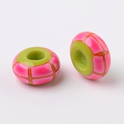 Ярко-Розовый Ручная работа полимерной глины эмали европейские шарики, бусины с большими отверстиями в форме шайбы, ярко-розовый, 14x7.5 мм, отверстие : 5.5 мм
