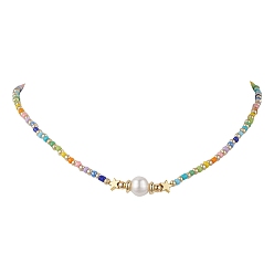 Colorful Natural Pearl & Seed Beaded Necklace, with 304 Stainless Steel Clasps, Colorful, 15.35 inch(39cm)