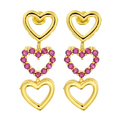 Средний Фиолетово-красный Серьги-гвоздики из латуни с микропаве из кубического циркония, сердце, золотые, средне фиолетовый красный, 36x12.5 мм