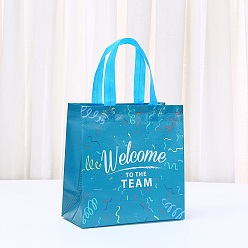 Темный Голубой Печатные нетканые многоразовые складные подарочные пакеты для винных бутылок с ручкой, портативная водонепроницаемая сумка для покупок для упаковки подарков, прямоугольник со словом, темные голубые, 28.5x22x0.2 см, развернуть: 21.9x11x22.8 см