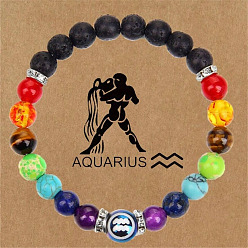Водолей 12 созвездия 7 чакра натуральная лава, агат, аметист, тигровый глаз, бирюза и стеклянные круглые бусины, растягивающиеся браслеты, Водолей, 7-1/4 дюйм (18.5 см)