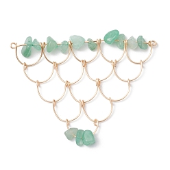 Зеленый Авантюрин Натуральный зеленый авантюрин чип медная проволока обернутая соединительные подвески, треугольные сетчатые связи, золотые, 52x80.5x9 мм, отверстие : 2.5 мм