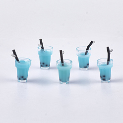 Небесно-голубой Пластиковые чашки подвески, со смолой внутри и железными находками, имитация пузырчатого чая, голубой, 23~28x13~17x13 мм, отверстие : 1.8 мм