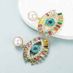 Mixed Color Evil Eye Brass Pave Cubic Zirconia Dangle Earrings, Plastic Pearl Stud Earrings for Women, Mixed Color, 50x44mm