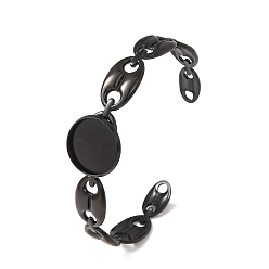 Black 304 Stainless Steel Coffee Bean Chain Cuff Bracelet Blanks with Flat Round Bezel Settings, Ion Plating(IP), Long-Lasting Plated, Black, Tray: 16mm,  Inner Diameter: 1.85x2.36 inch(4.7x6cm)