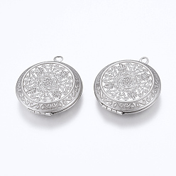 Stainless Steel Color 304 Stainless Steel Locket Pendants, Photo Frame Charms for Necklaces, Flat Round with Flower Pattern, Stainless Steel Color, 35.5x31x8mm, Hole: 2mm, inner size: 23mm