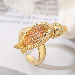 Золотой Регулируемые манжетные кольца с микропаве из кубического циркония из латуни, форма раковины, золотые, внутренний диаметр: регулируемый