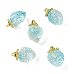 Бледно-бирюзовый Прозрачные стеклянные подвески, клубника, с золотой эмали сплава выводов, два тона, бледные бирюзовая, 18x12x10.5 мм, отверстие : 1.5 мм