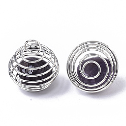 Amethyst Iron Wrap-around Spiral Bead Cage Pendants, with Natural Amethyst Beads inside, Round, Platinum, 21x24~26mm, Hole: 5mm