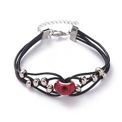 Red Cowhide Leather Cord Multi-strand Bracelets, with Glass European Beads, Brass Spacer Beads, Iron Ribbon Ends and 304 Stainless Steel Lobster Claw Clasps, Red, 7-1/2 inch(19cm), 6~16mm