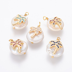 (52) Непрозрачная лаванда Подвески из натурального пресноводного жемчуга, с латунными микро проложить кубических выводы циркония, самородки с кокосовой пальмой, золотые, разноцветные, 20~25x11~14x6~9 мм, отверстие : 1.8 мм