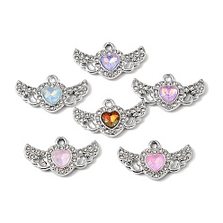 Platine Pendentifs en verre d'alliage de placage uv, coeur avec breloque aile, avec strass, facette, couleur mixte, platine, 14x25x3.7mm, Trou: 1.8mm