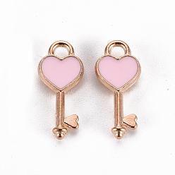 Pink Alloy Pendants, Cadmium Free & Lead Free, with Enamel, Heart Key, Light Gold, Pink, 16x7x2mm, Hole: 1.5mm