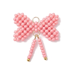 Pink Подвески-бантики из стеклянных бус, с латунными и 304 нержавеющими соединительными кольцами, розовые, 28x26.5x4.5 мм