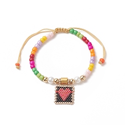 Black Glass Seed Braided Bead Bracelet, Rectangle with Heart Charm Bracelet for Women, Black, Inner Diameter: 2~3-1/8 inch(5~8cm)