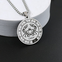 Рак 201 ожерелья из нержавеющей стали с цепочкой из сплава, цвет нержавеющей стали, плоский круглый узор созвездия, рак, 23.62 дюйм (60 см)