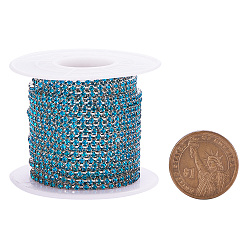 Blue Zircon Brass Rhinestone Strass Chains, with Spool, Rhinestone Cup Chain, about 2880pcs Rhinestone/bundle, Grade A, Silver Color Plated, Blue Zircon, 2mm, about 10yards/roll